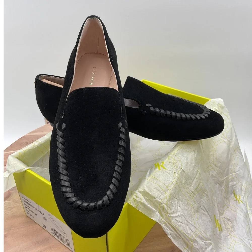 Jack Rogers Camden Loafer Black Suede Whipstitch Flats Shoes 9M New